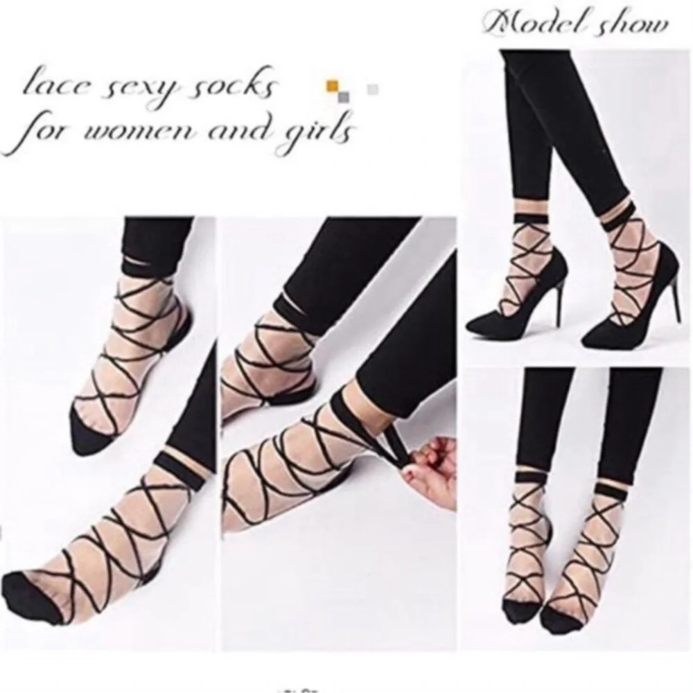 5 Pairs Ultra Thin Socks Black Sheer Mesh Transparent Socks Lace Fishnet